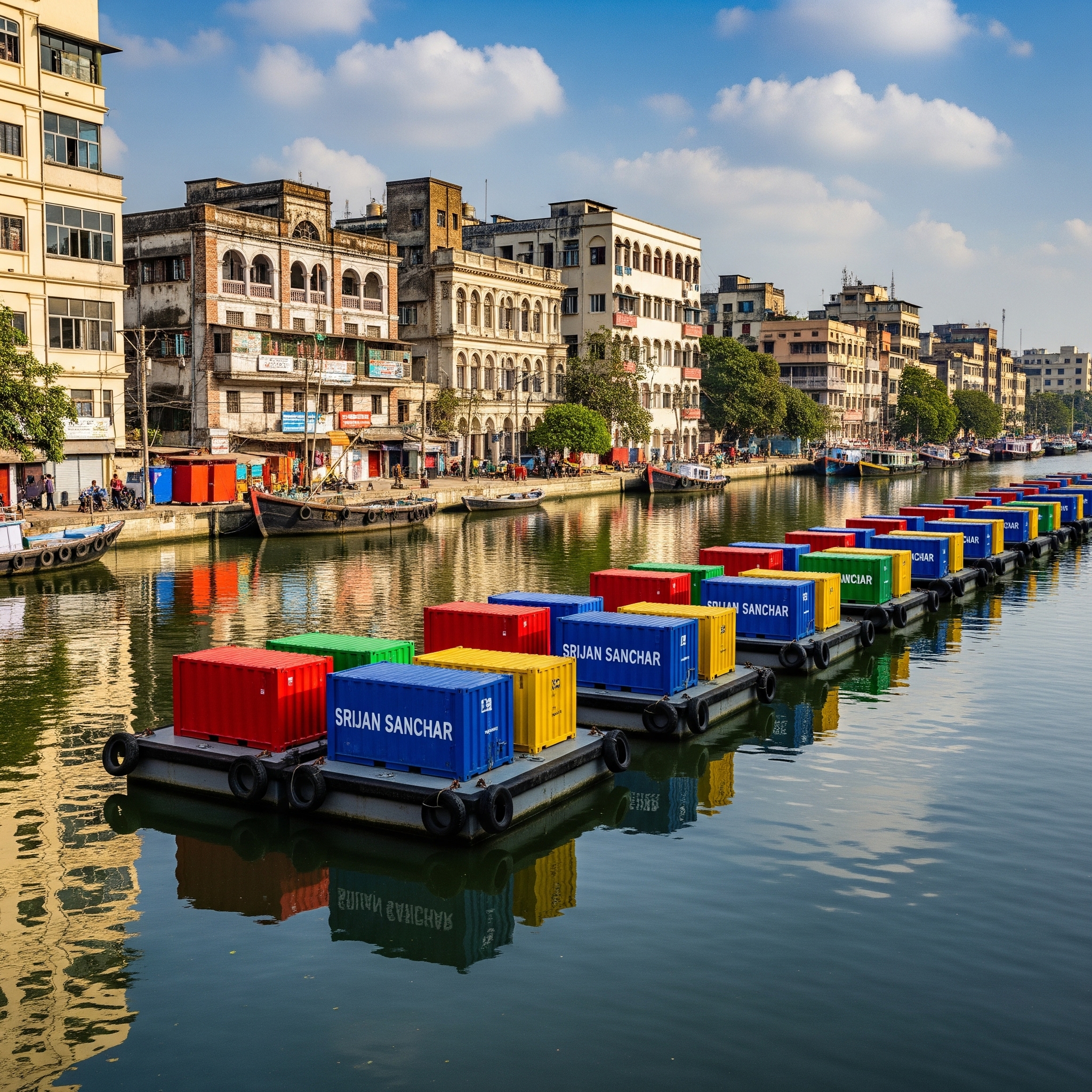 Trains of connected container boats for  water based  urban freight transport 
